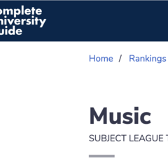 Screenshot of Music league table in Complete University Guide 2027