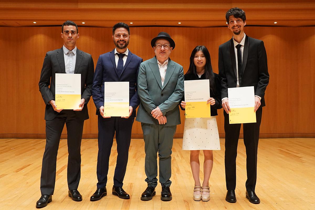 Pictured: the winners of the Toru Takemitsu Composition Award 2024 (Jingyu Chen second from left) with judge Mark-Anthony Turnage (centre). photo © Naoya Ikegami Toru Takemitsu Composition Award winners for 2024