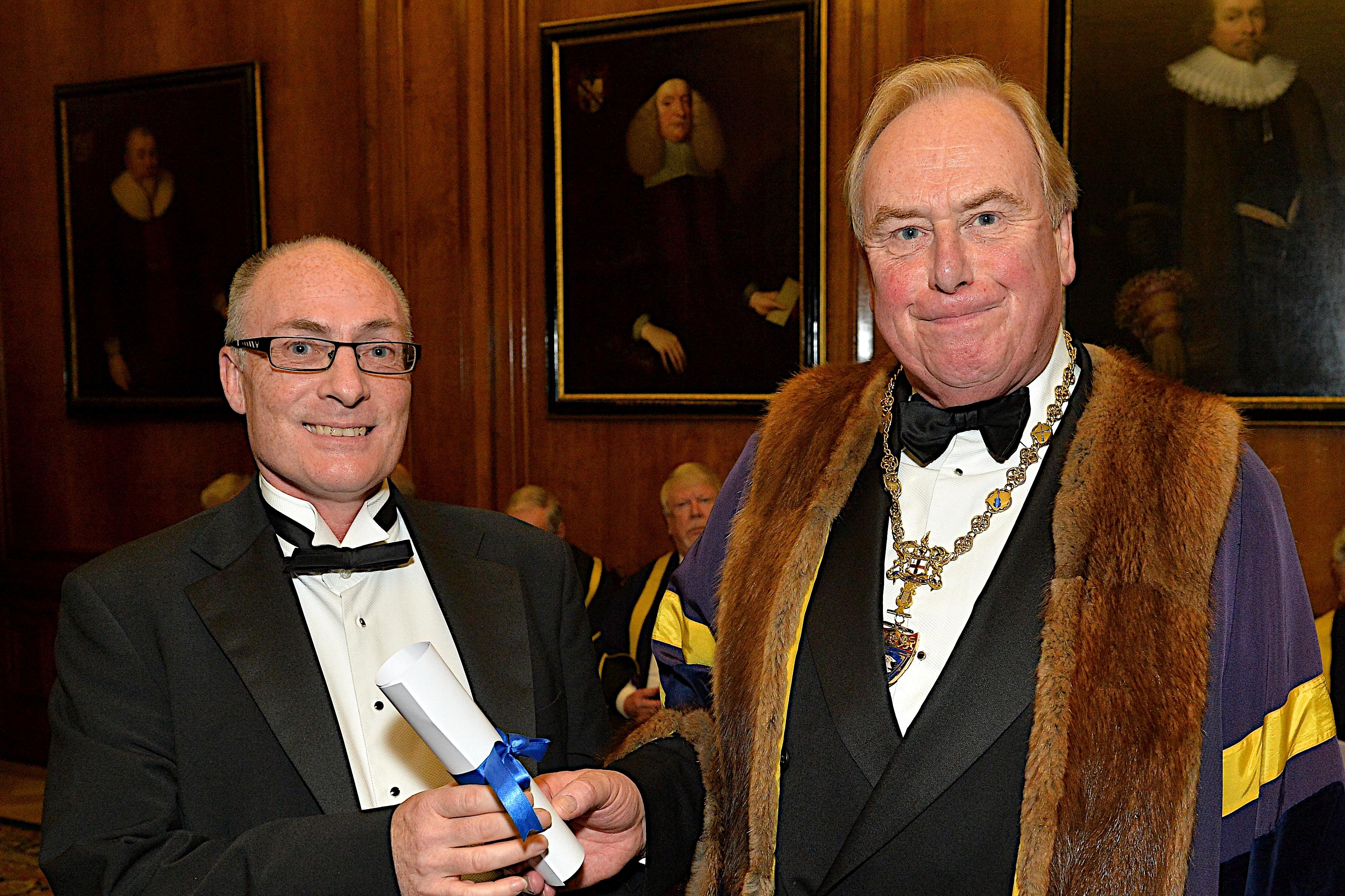 James receiving the award from the Master, Andrew Morris, at a Musicians’ Company banquet, at Merchant Taylors’ Hall, one of the great Livery Halls of the City of London (Peter Holland) Dr James Westbrook receives the 2015 Terence Pamplin Award