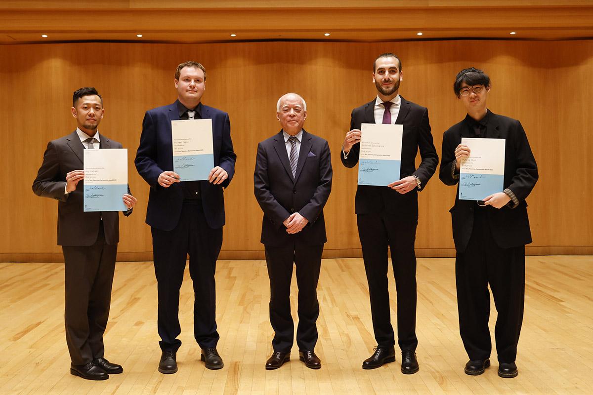Pictured: the winners of the Toru Takemitsu Composition Award 2023 (Michael Taplin second from left) with judge Jo Kondo (centre). photo © Michiharu Okubo